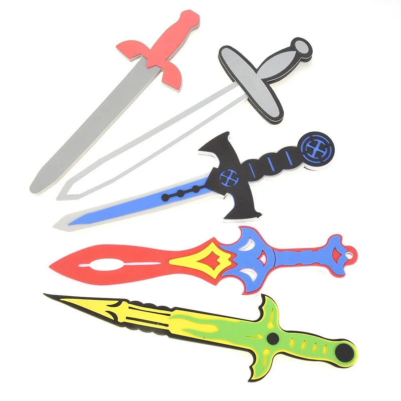Assorted ninja swords from a toy sword and shield playset, designed for safe pretend play for kids.