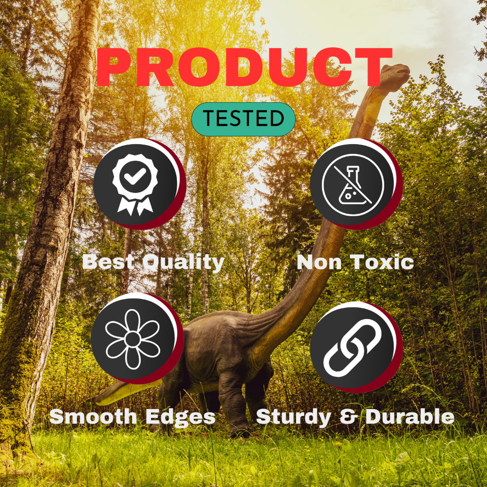 Dinosaur toy labeled with product quality attributes like non-toxic materials, smooth edges, and sturdy construction for safe play.
