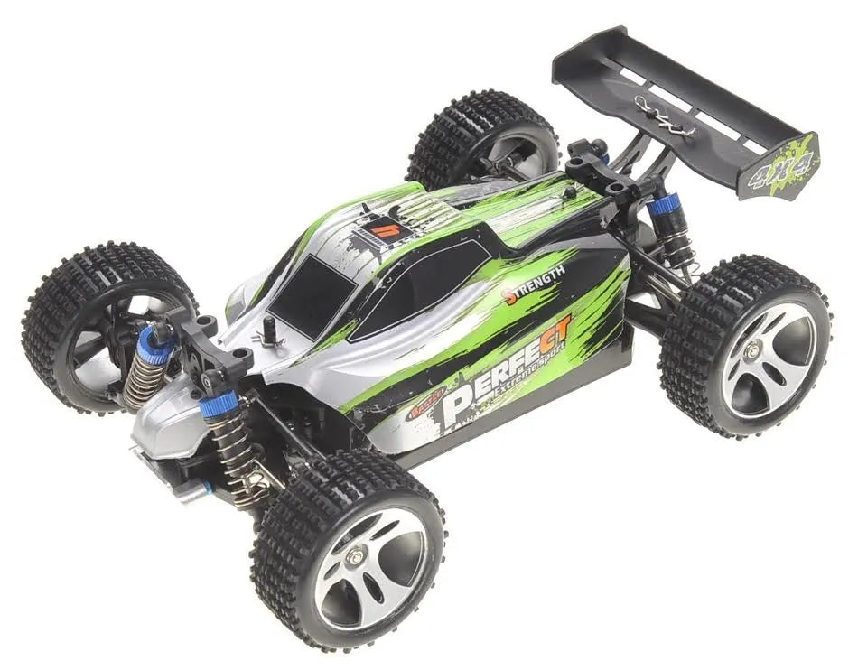 Green and silver remote control car on a white background