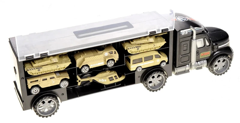 Open view of army lorry toy with storage for military cars, promoting organization and play.