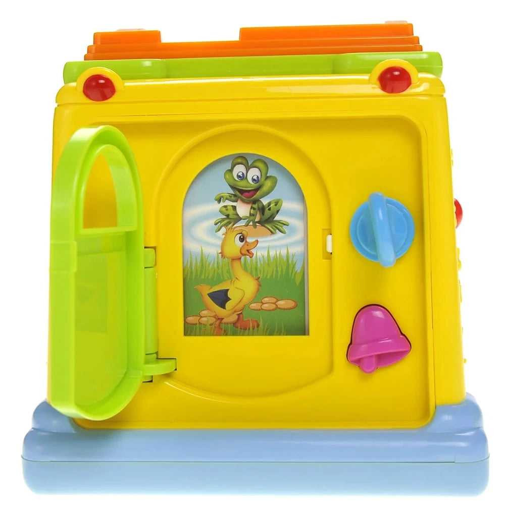  Open back view of the school bus toy showing spinning gears and colorful play features for interactive learning.