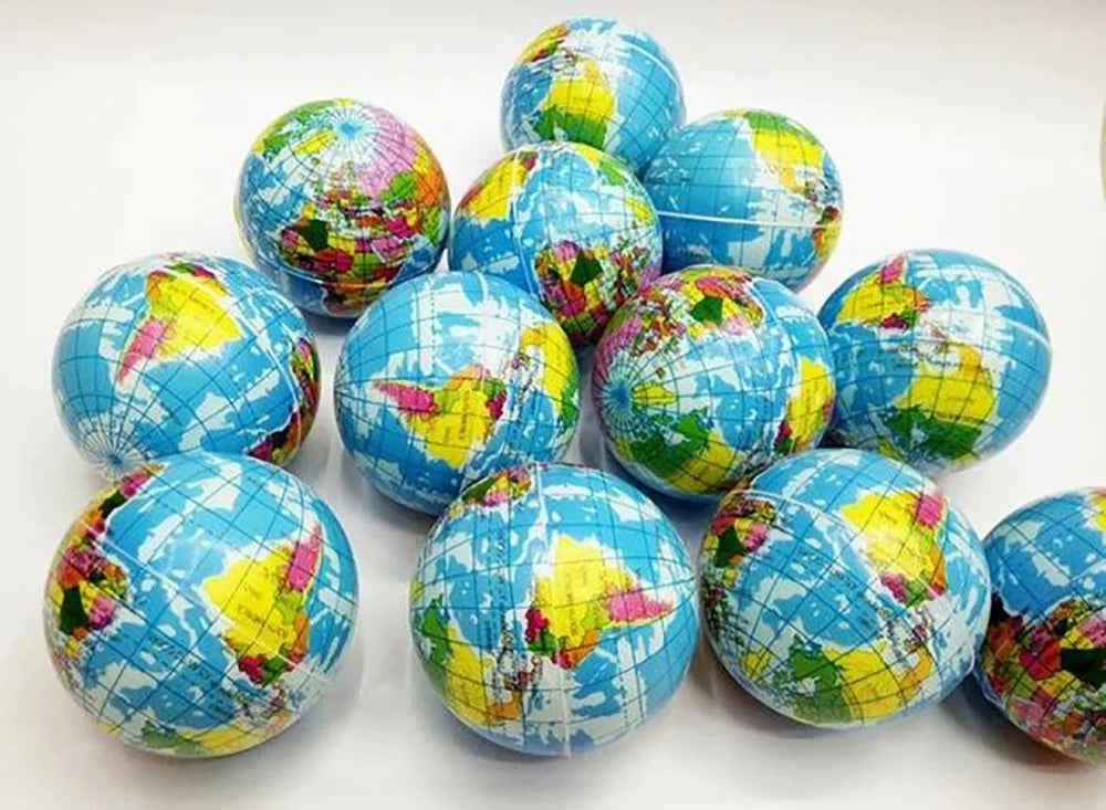 Pack of world map globe toy balls showing various continents and countries.