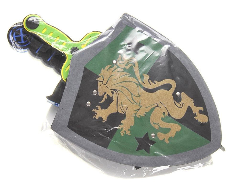 Packaged foam sword and shield set with green lion shield and two toy swords for kids.