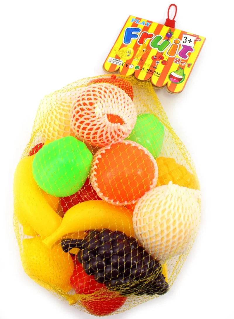 Fruit and vegetable play set packaged in a mesh bag, includes various fruits for interactive role-play and learning.