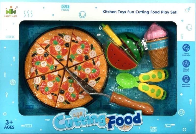 "Packaged toy food cutting play set with pizza, watermelon, ice cream, and utensils, for children aged 3 and up