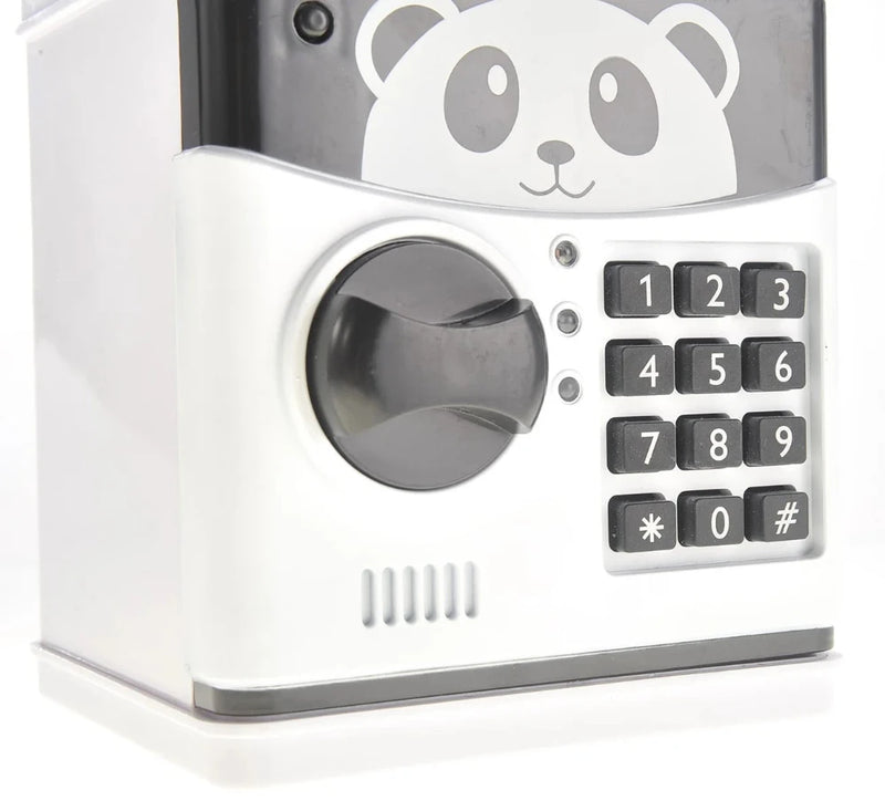 Close-up of the panda toy safe showing the combination lock and numeric keypad