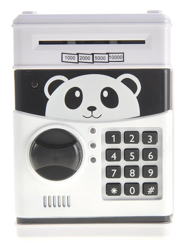 Front view of panda-themed toy safe with combination dial and digital keypad.