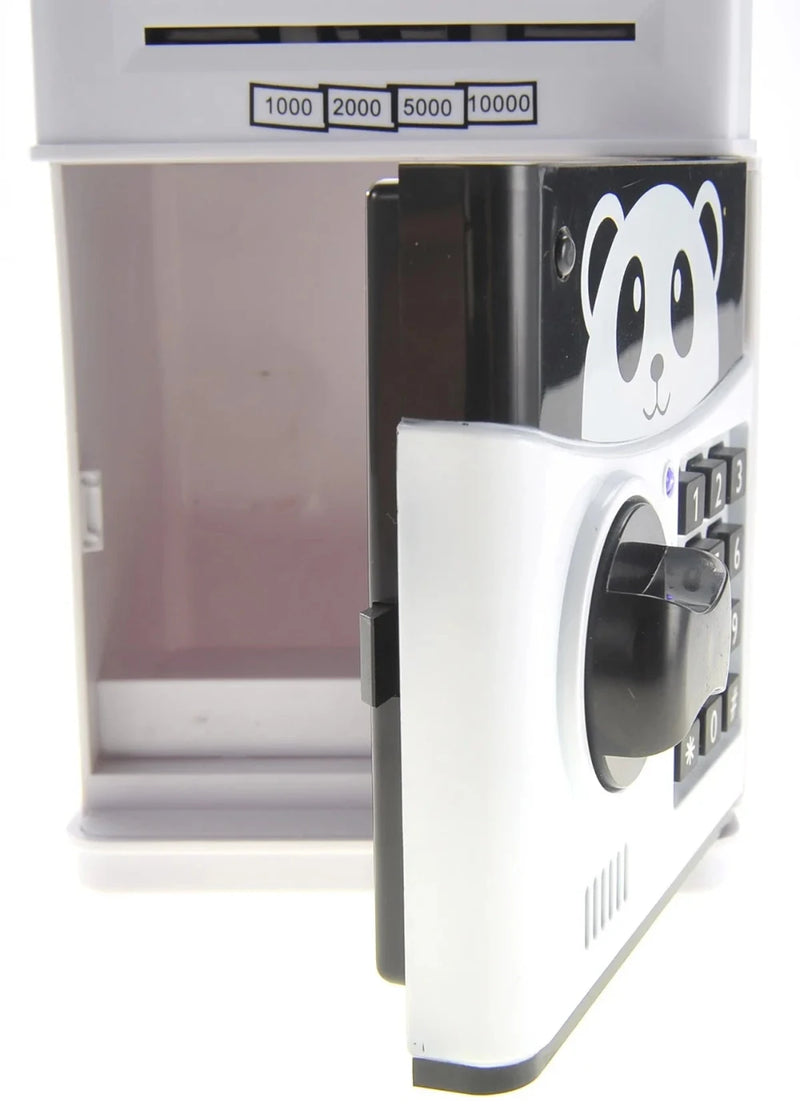 Panda-themed toy safe with open door, displaying inner storage area for kids.