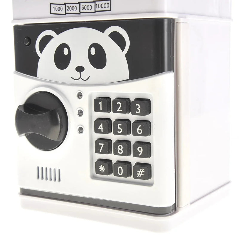 Panda-themed toy safe featuring combination dial and keypad for kids' security.