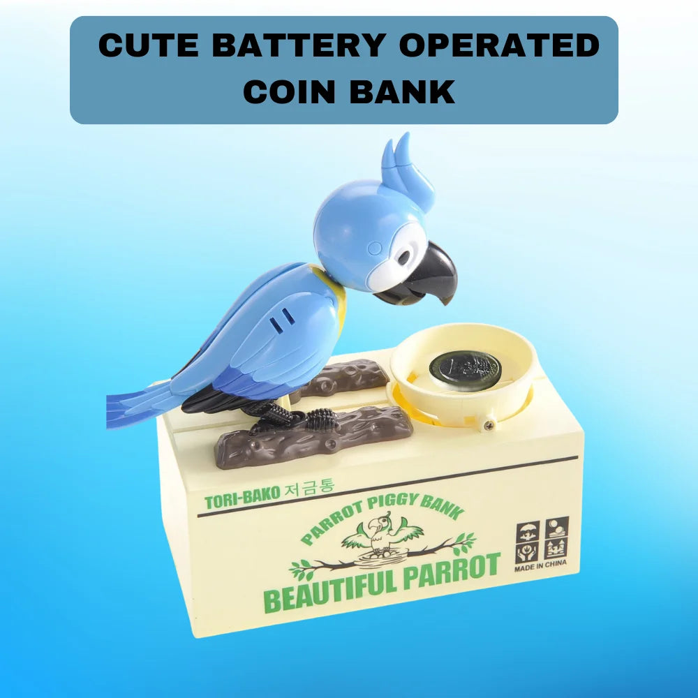 Cute battery-operated blue parrot piggy bank perfect for kids, shown with coin