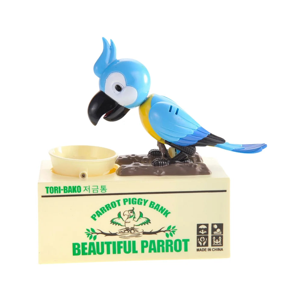 Blue parrot piggy bank with bowl and vibrant colors, perfect for saving coins