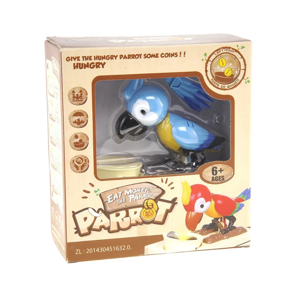 Parrot piggy bank in packaging, labeled for ages 6+, colorful bird design for fun savings