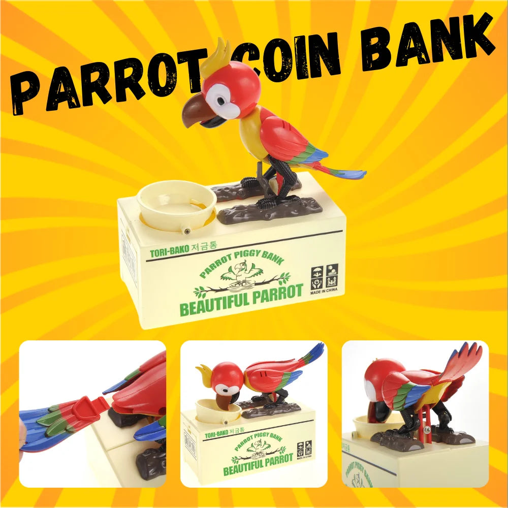 Multifunctional Parrot Coin Bank with animated features, encouraging kids to save their coins in a fun way.