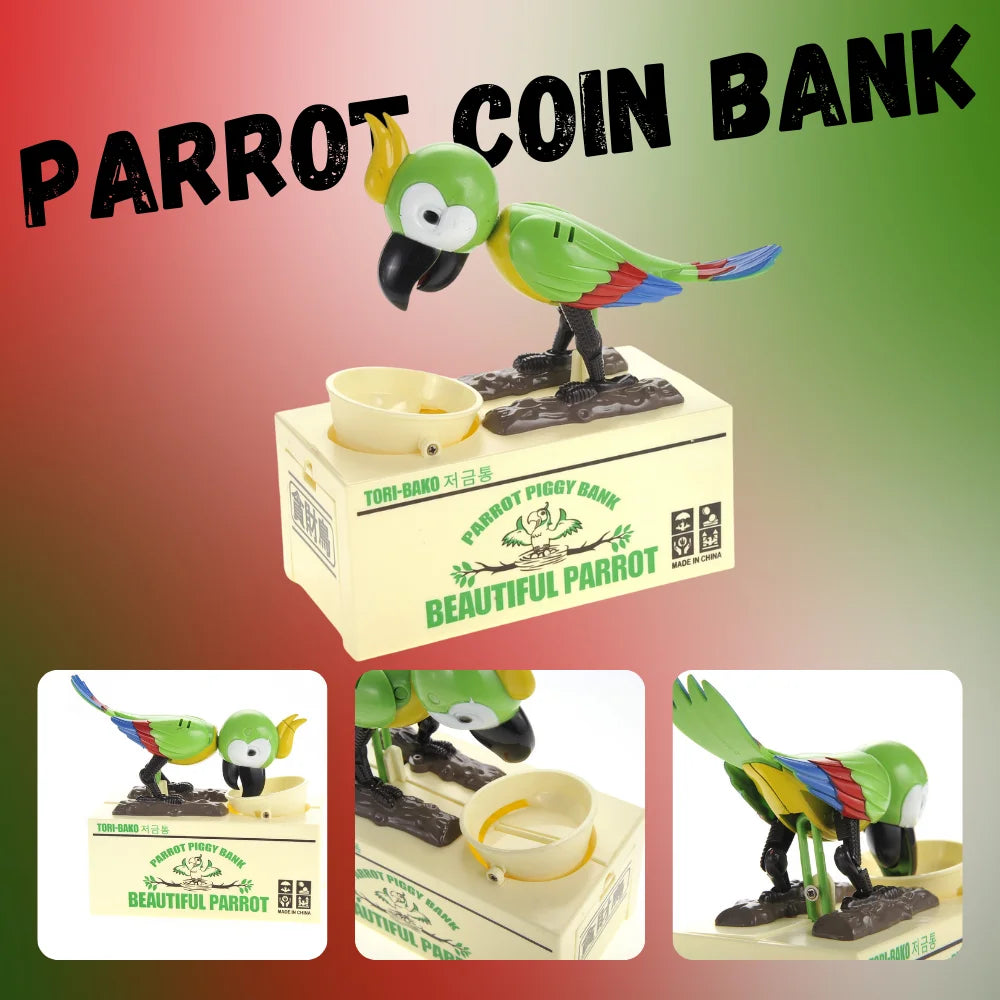 Overview of the parrot coin bank with close-up shots of the green parrot, the coin slot, and coin bowl.