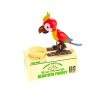 Side view of the red and yellow Parrot Coin Bank, a fun and colorful money-saving toy for kids.