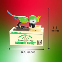 Green parrot piggy bank with size dimensions, standing 6.6 inches tall and 6.5 inches long