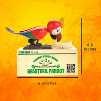 Size measurements of the Parrot Coin Bank, highlighting its compact design at 6.6 inches tall and 6.5 inches wide.