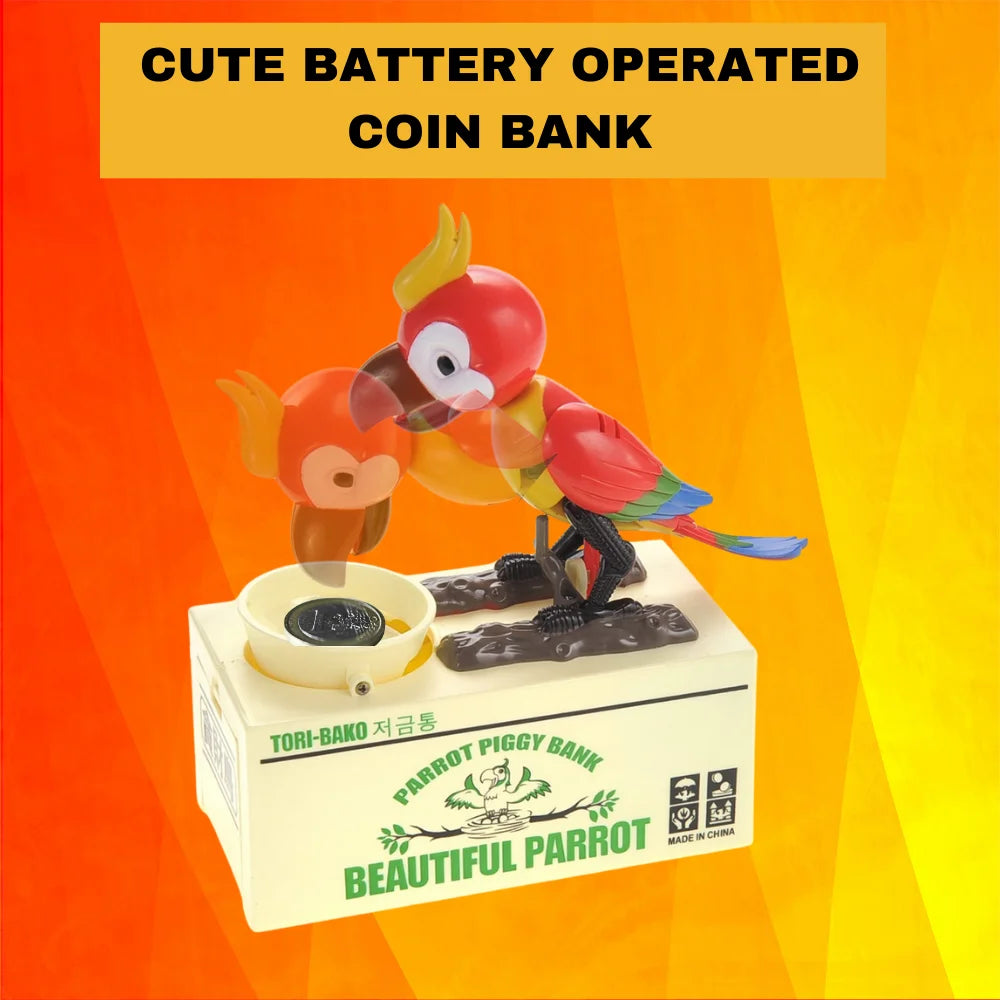 Battery-operated Parrot Piggy Bank in action, designed to entertain kids while helping them save money.