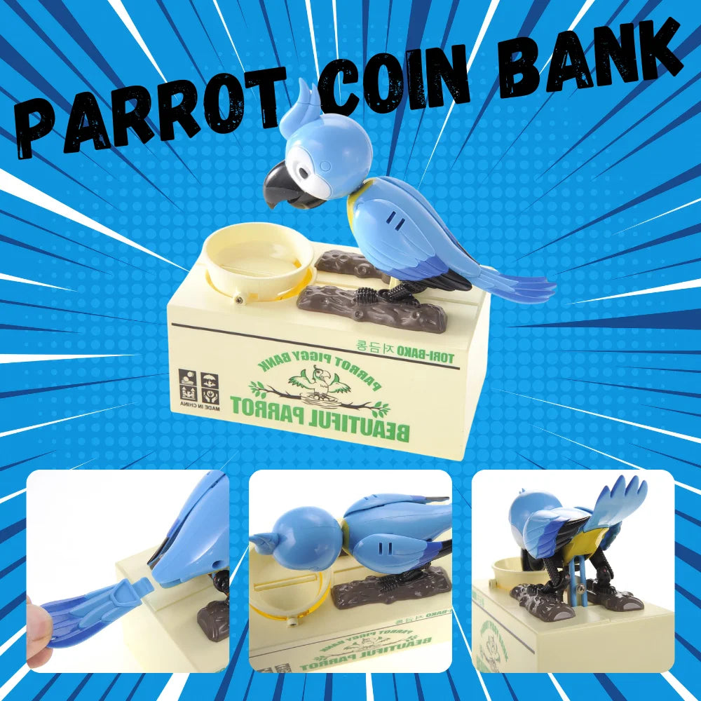 Parrot piggy bank in different angles, showcasing fun and creative coin-saving experience