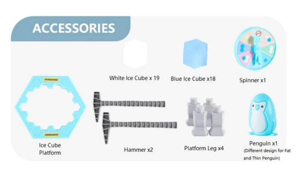 Penguin Icebreaker Game Accessories - Includes ice cube platform, hammers, spinner, and penguin figure.