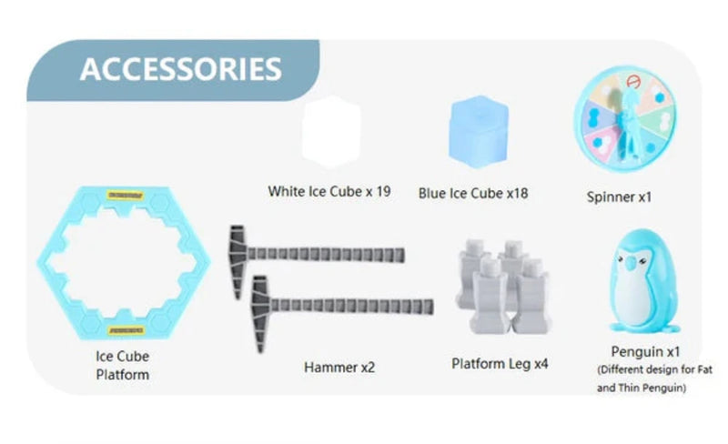 Penguin Icebreaker Game Accessories - Includes ice cube platform, hammers, spinner, and penguin figure.