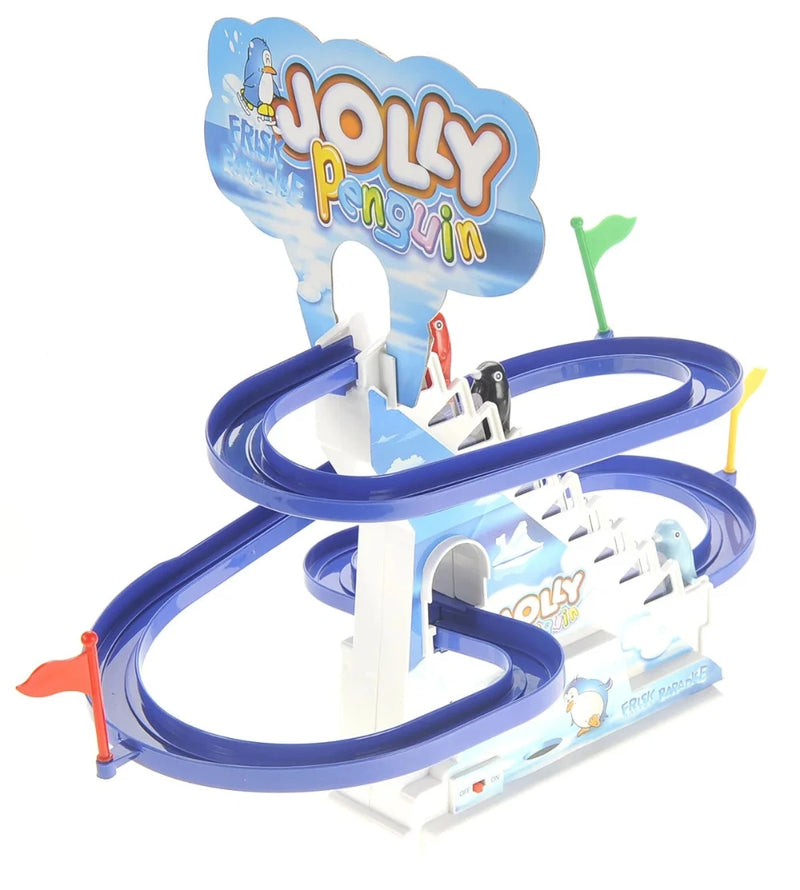 enguin race toy with winding blue track and penguins climbing stairs