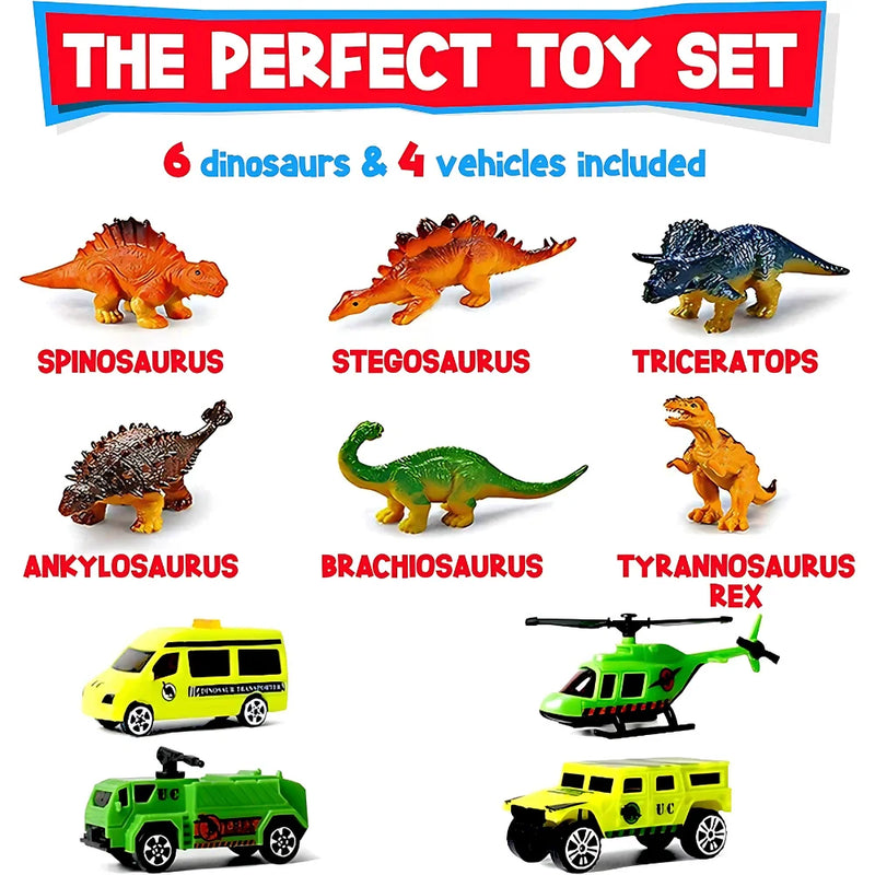  Perfect dinosaur toy set featuring 6 dinosaur figures and 4 vehicles, including Spinosaurus and Triceratops.