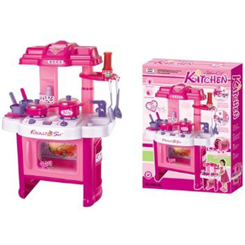 Pink kitchen playset toy box with realistic kitchen utensils and features for children