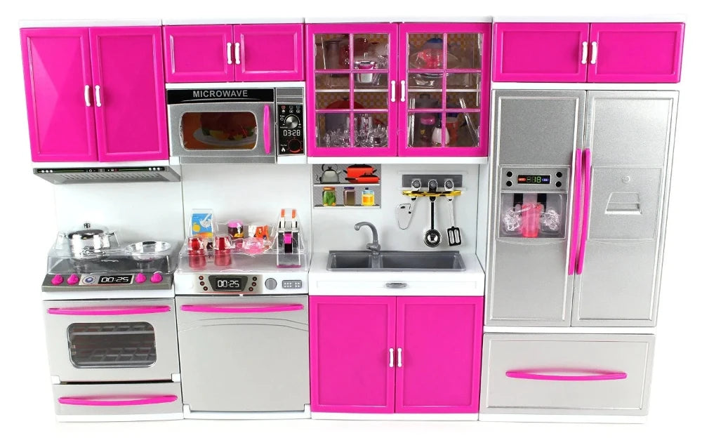 My Modern Kitchen Playset with pink cabinets, microwave, sink, and fridge for realistic play