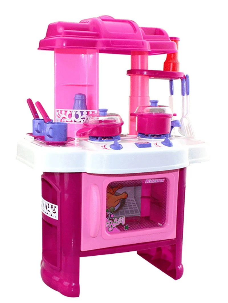 Children's pink playset kitchen with oven, sink, and cooking utensils for role-playing fun