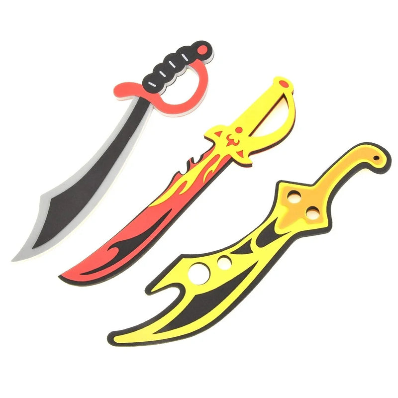  Three pirate-inspired toy swords with unique designs, ideal for kids' pirate-themed playtime.