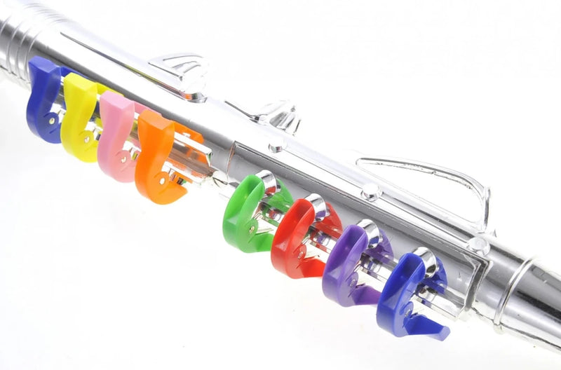 Plastic toy clarinet with rainbow keys, perfect beginner musical instrument for children