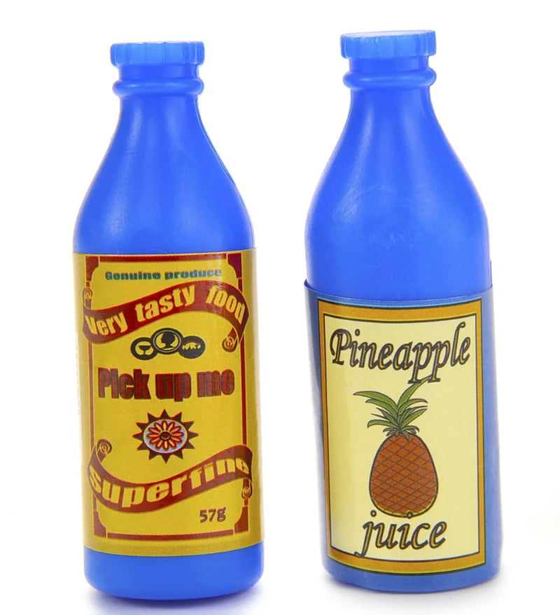 Toy juice bottles labeled 'Pick up me' and 'Pineapple juice' from the Play Desserts Ice Cream Set