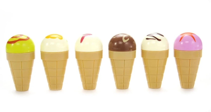 Six colorful ice cream cone toys with various toppings from the Play Desserts Ice Cream Set