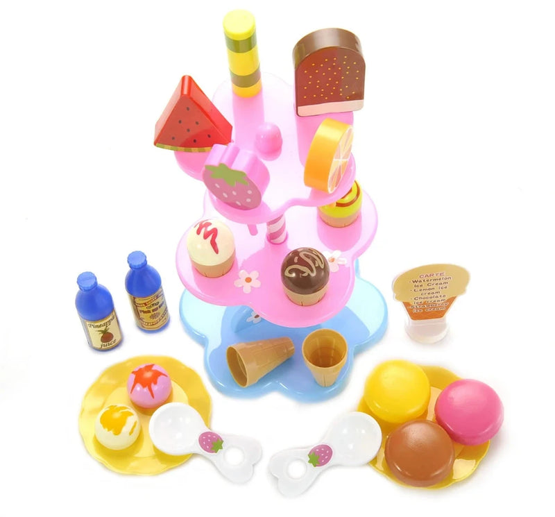 Assembled display stand of Play Desserts Ice Cream Set with colorful toy desserts and accessories