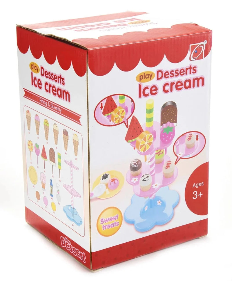 Play Desserts Ice Cream Set packaging box for kids ages 3 and up, showcasing various ice cream and dessert toys.