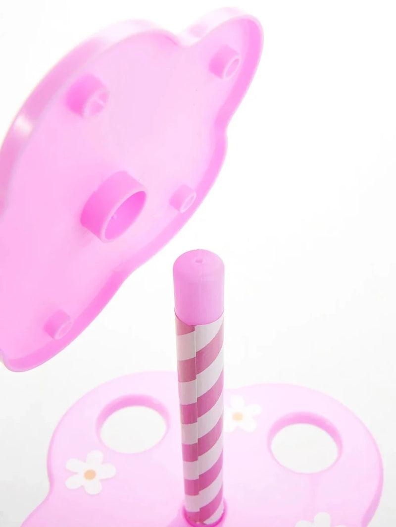 Detailed view of assembly for the pink and blue Play Desserts Ice Cream stand