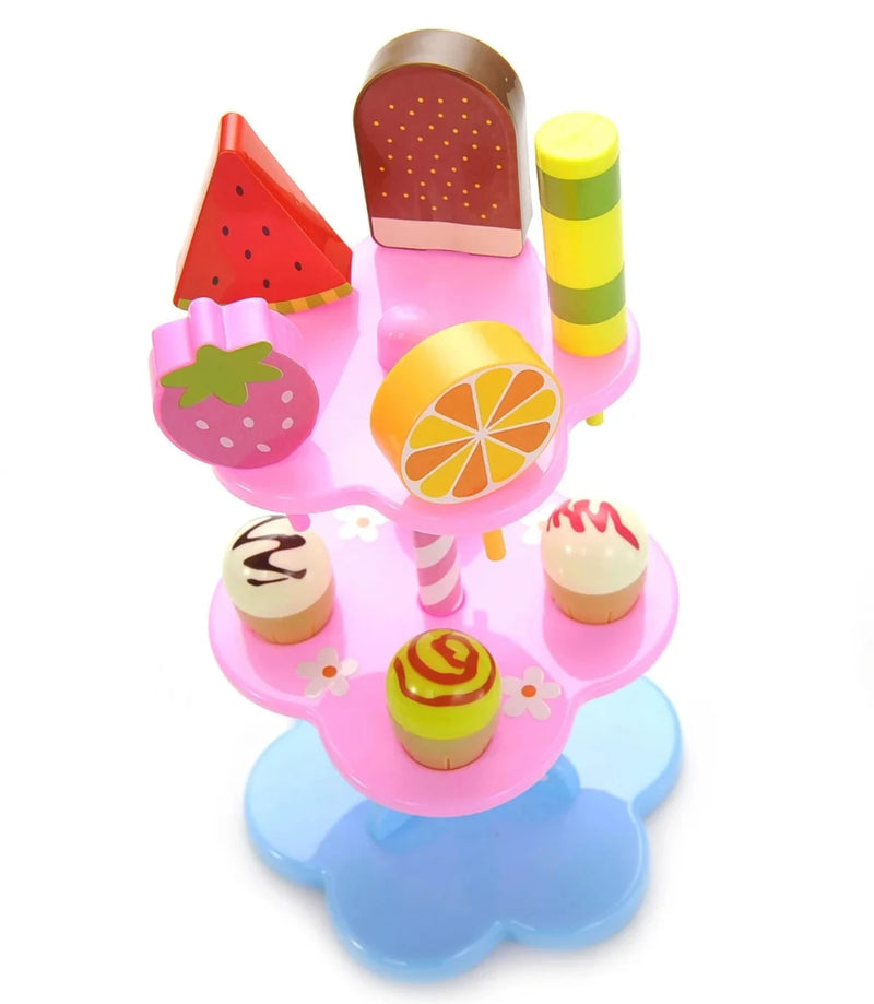 Full view of Play Desserts Ice Cream two-tier stand decorated with colorful dessert pieces for kids' playtime.