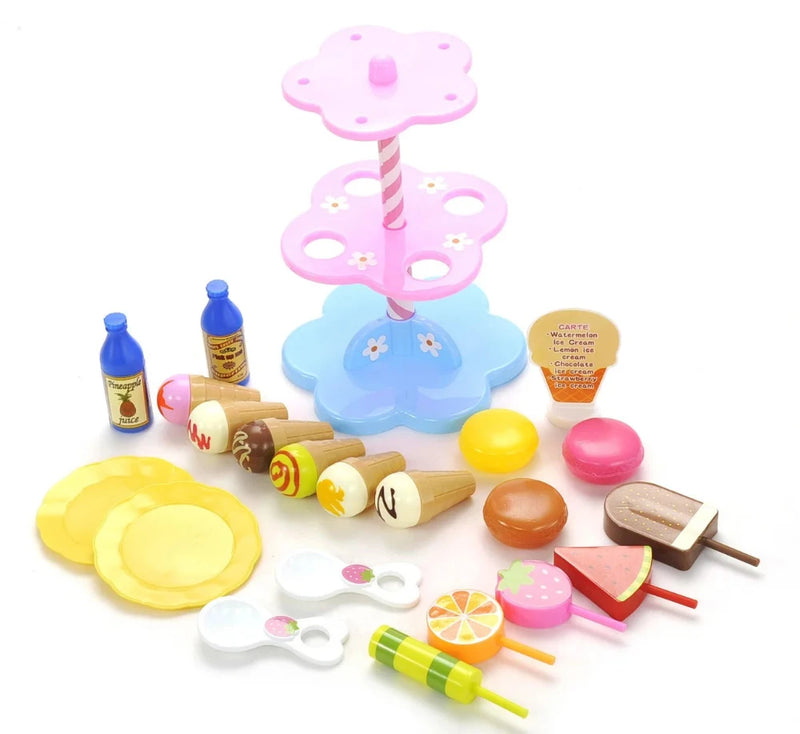 Complete Play Desserts Ice Cream Set with various dessert toys including cones, plates, and ice cream scoops.