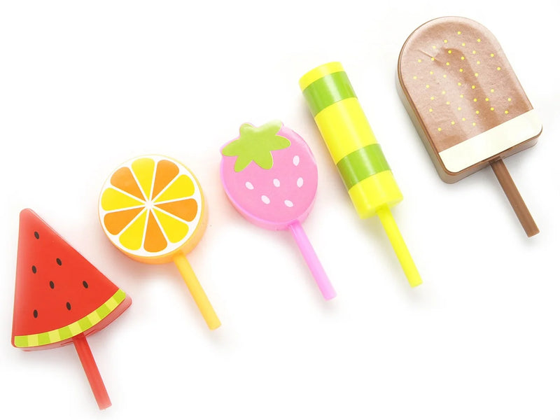 Assorted lollipop toys in shapes of watermelon, orange, strawberry, and more from the Play Desserts Ice Cream Set