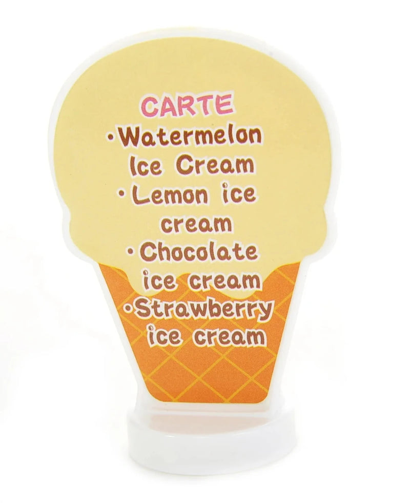 Toy ice cream menu sign listing flavors like Watermelon, Lemon, Chocolate, and Strawberry ice cream