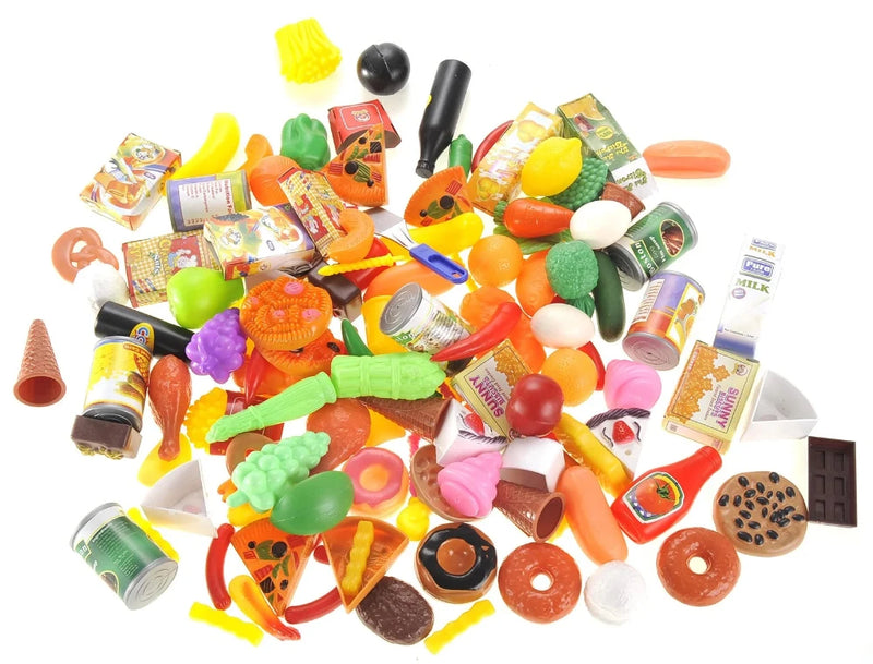 Bag of play food with various toy groceries for children’s realistic kitchen play set.