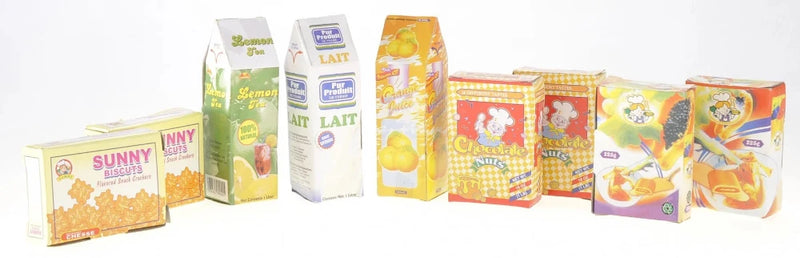 Play food set featuring boxed and carton items, perfect for a realistic grocery or kitchen play set