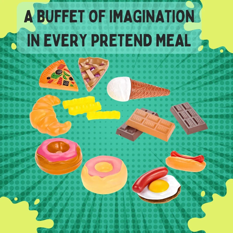 A buffet of pretend play food – donuts, pizza, ice cream, and chocolate for kids’ creative play