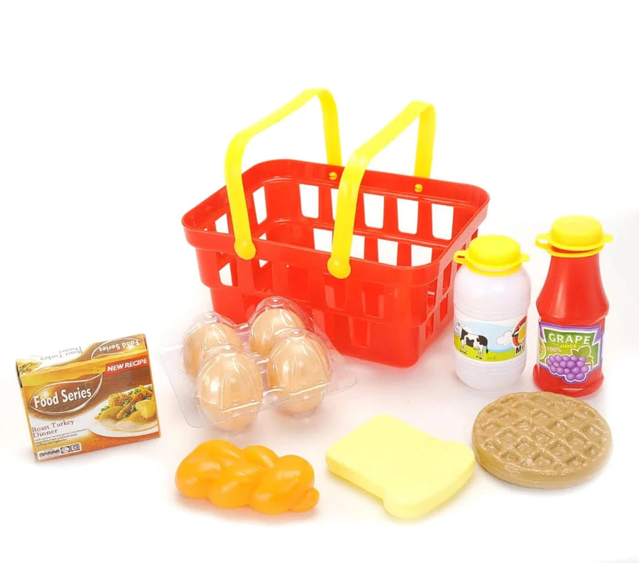 Contents of play food set basket including toy eggs, milk, grape juice, and waffle for kids' kitchen play