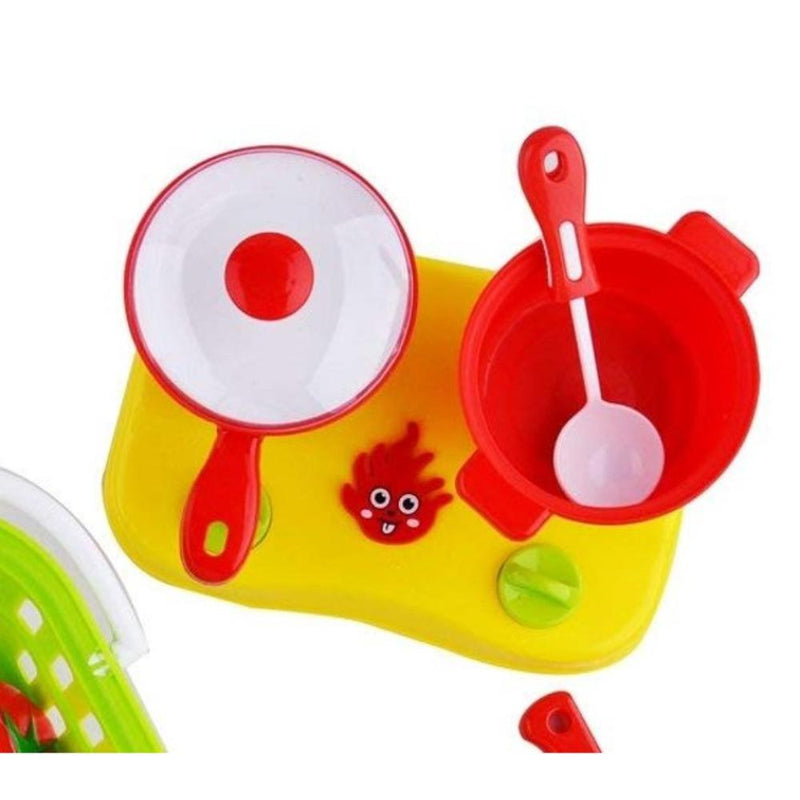 Play food toy set with a stove and pots, perfect for kids' food pretend playset activities