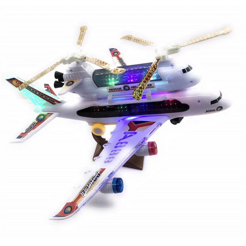 Police airplane toy for kids with vibrant 4D flashing lights and helicopter attachment, ideal for toddler play.