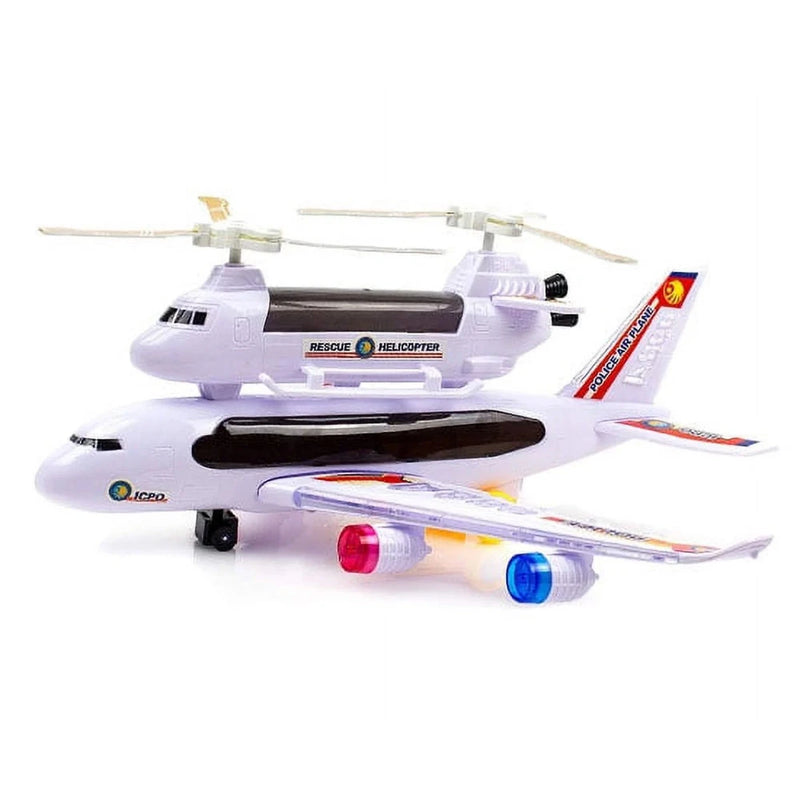 Side view of the police airplane toy with rescue helicopter and rotating propellers, designed for young kids.