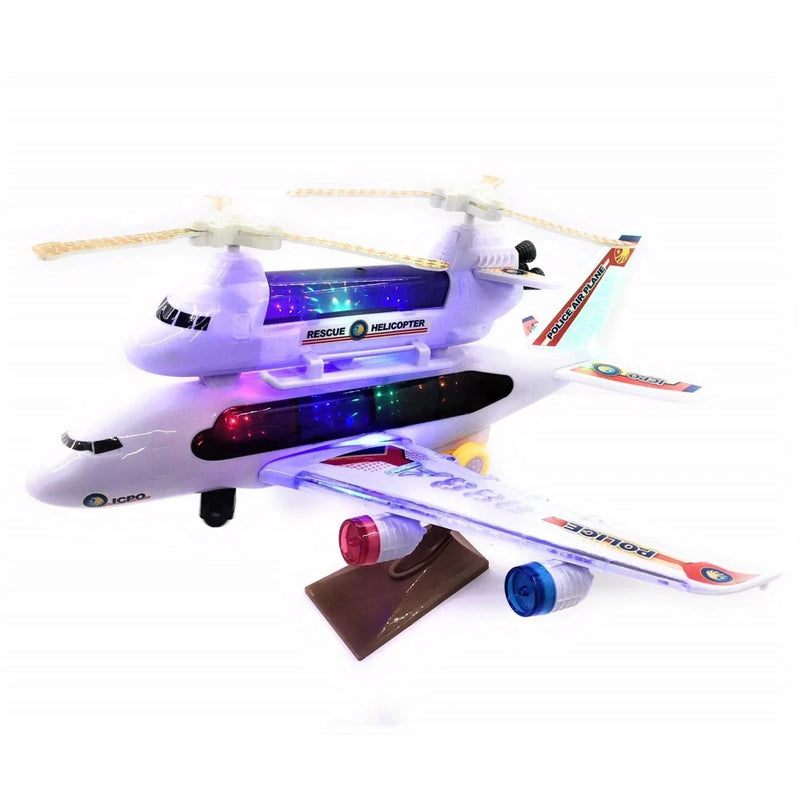 Police airplane toy with rescue helicopter, featuring rotating propellers and colorful lights, perfect for toddlers.