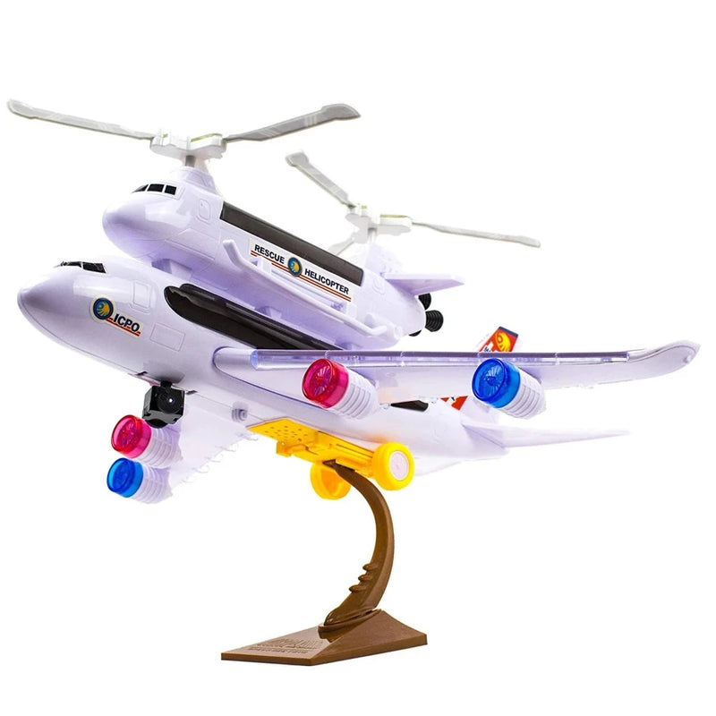 Mounted police airplane toy with 4D flashing lights and helicopter attachment, enhancing imaginative play for kids.